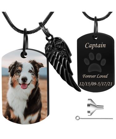 Personalized Cremation Urn Necklace for Pet Ashes, Custom Photo&Text Engraved Dog Ashes Keepsake Holder Memorial Dog Tag Urn Necklace for Cat Black dog tag
