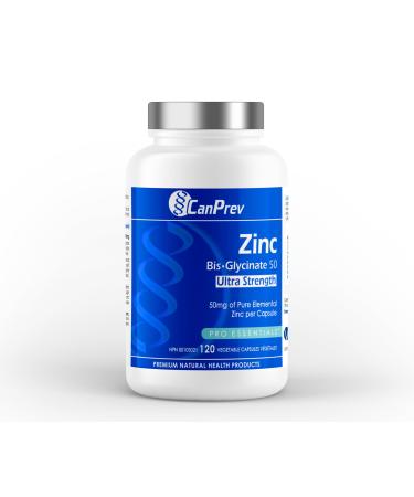 CanPrev Zinc Bis-Glycinate | 120 v-caps | Ultra Strength | 50mg of Pure Elemental Zinc per Capsule | Premium Natural Health Products