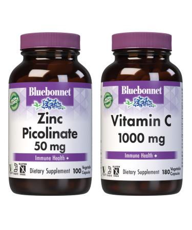 Bluebonnet Nutrition Zinc Picolinate 50mg and Vitamin C 1000mg Vegetable Capsules Bundle
