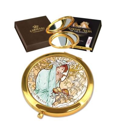 CARMANI - Gold plated bronze pocket compact travel mirror decorated with Mucha 'Winter' painting