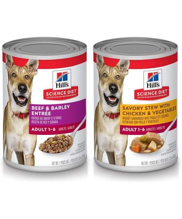 Hill's Science Diet Adult Canned Dog Food Beef & Barley Entr e (13.1 oz 12 Pack) + Savory Stew with Chicken & Vegetables (12.8 oz 12 Pack)
