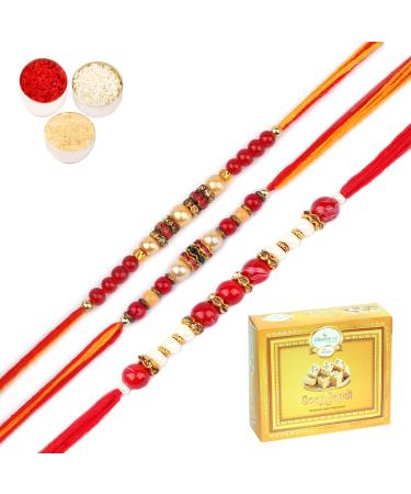 Ghasitaram Gifts Rakhi for Brother Rakhis Online - Set of 3 RS-140 6349 6941 Pearl Rakhis with 200 GMS of Soan Papdi