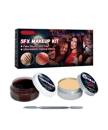 SFX Makeup Kit Halloween Cosplay Zombie Vampire Special Effects Make Up Set Scar Wax Kit for Fake Scars Wounds Burns Face Body Paint( 30g Scar Wax and 30g Scab Blood) 30g Scar Wax +30g Scab Blood