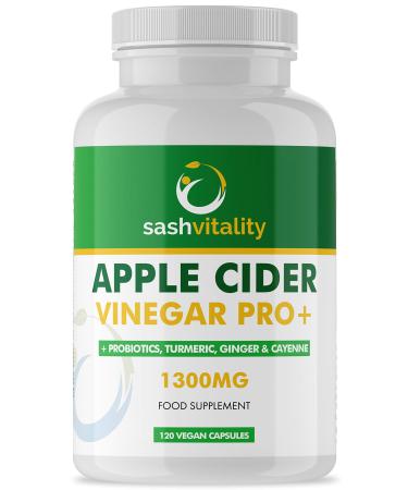 Raw Apple Cider Vinegar Complex - 1300MG - with Turmeric, Ginger, Probiotics 200 Billion & Prebiotics, Cayenne Pepper, Turmeric, Ginger, Black Pepper & Flaxseed - 120 Vegan Certified Capsules