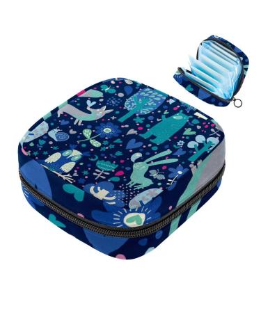 Menstruation pad bag with zipper women's napkin bag tampons collective bags for women and girls (blue forest animal tree flower pattern)