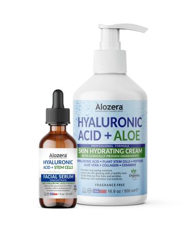 Alozera Hyaluronic Acid Body Lotion & Hyaluronic Acid Serum Bundle with Aloe Ceramides & Stem Cells for Deep Hydration Plumper Skin & Daily Moisture Lightweight & Fragrance-Free