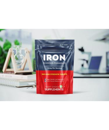 Iron Tablets High Strength 14mg - 365 Tablets 12 Months Supply - Vegan Iron Supplements for Women and Men - Ferrous Fumarate Energy Tablets Reduces Tiredness and Fatigue - UK Made Iron Vitamin - Buy Online on GoSupps.com