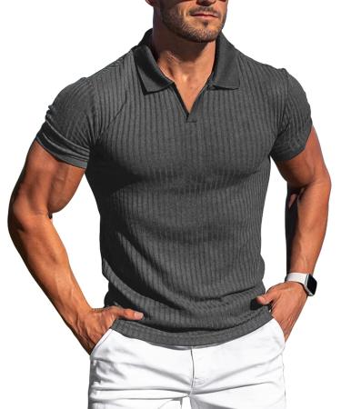 Lempue Mens V Neck t Shirts Slim Fit Muscle Polo Shirts for Men Short Sleeve Dry Fit Golf Shirts Casual Stylish Cloths Dark Grey Large