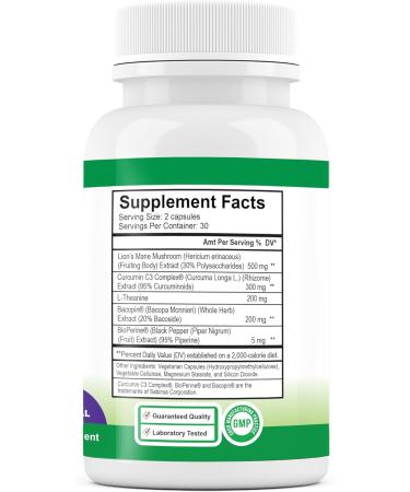 Axis Natural Brain Supplement with Curcumin C3 Complex Bacopin and Lion's Mane Extract - Brain & Gut Health Support Focus Energy Stress Relief - 60 Capsules All-Natural Med Free Living (1) - Buy Online on GoSupps.com