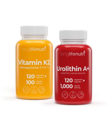 LongLifeNutri Vitamin K2 MK-7 100 mcg & Urolithin A+ 1000 mg Bundle 120 Veg Capsules Each Up to 4-Month Supply Bone Circulation & Longevity Support Lab Tested Made in USA