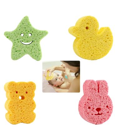 4Pcs Baby Bath Sponges Soft Cute Animal Shapes Baby Bath Sponge Kids Baby Sponges for Bath Newborn Gentle on Newborn and Toddler Skin(Orange Green Yellow Pink)