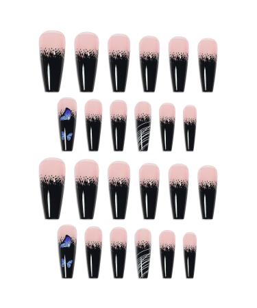 Justotry 24-Piece Black French Coffin Nails with Butterfly Designs - Press-On Ballerina Nails for Women - Buy Online on GoSupps.com