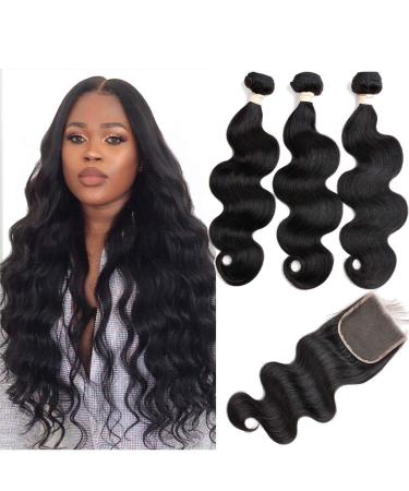 Beauhair Brazilian Body Wave Virgin Hair Bundles with Lace Closure(14 16 18 with14 Closure) Human Hair Unprocessed Body Wave Hair with Closure 4X4 Lace Free Part Natural Black Hair 14/16/18+14 Inch Body Wave Bundles With...