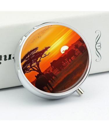 Round Pill Box with African Animal Sunset Print | 3 Compartment Decorative Metal Pill Organizer | Portable & Stylish Pocket Pill Case - Buy Online on GoSupps.com
