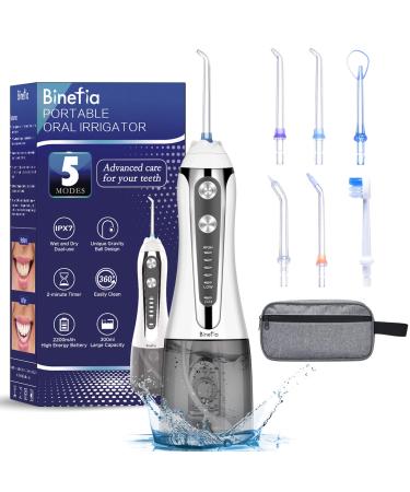 Water Flosser for Teeth Cordless with 5 Modes Binefia 360 Rotation Oral Irrigator IPX7 Waterproof 300ML & 6 Jet Tips Water Pick Teeth Cleaner USB Rechargeable for 35-Days Use at Home/Travel