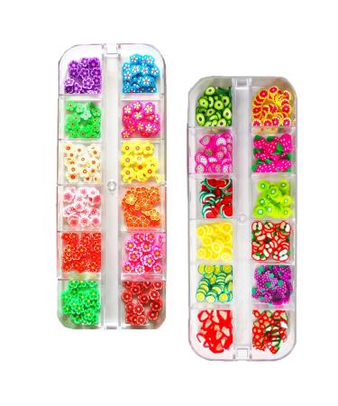 2 Boxes Fruit Flower Slices Nail Art Slices, 3D Polymer Clay Mini Slices Resin Making Charms Colorful Nail Art Supplies for DIY Crafts Lip Gloss Cellphone Decoration(Fruit Flower)