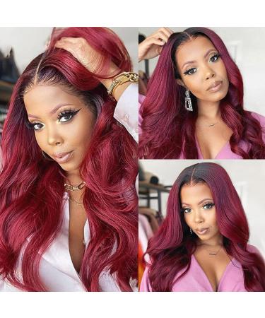 Seelaak Burgundy 13X4 HD Transparent Lace Front Wigs Body Wave 100% Human Hair Ombre Red T-99j Lace Frontal Wigs Human Hair for Black Women Body Wavy Burgundy Closure Wigs 200% Density Natural Hairline with Baby Hair (20 i…