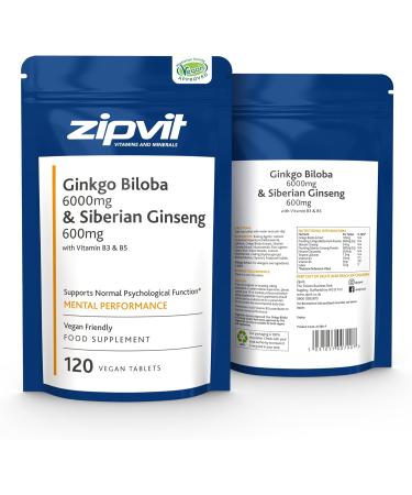 Ginkgo Biloba and Siberian Ginseng High Strength Tablets with Vitamins B3 & B5 - 120 Vegan Tablets in Eco-Friendly Pouch - Buy Online on GoSupps.com