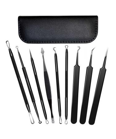 Blackhead Remover Whitehead Remover Tools Pimple Popper Tools Kit 9 in 1 Stainless Steel Blackhead Extraction Tools for Nose Facial Care - Black