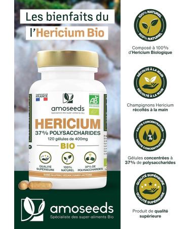 Organic Hericium Erinaceus | Memory Mushroom | Highly Dosed 37% Polysaccharides | 120 Vegan Capsules | Lion's Mane Vegan No Additives | Superior Quality | Made in France - Buy Online on GoSupps.com
