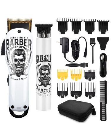 BESTBOMG Hair Clippers & Trimmer T-Blade Cordless Hair Haircut Sets, Hair Haircut with Ceramic Blade Rechargeable 2000mAh/1200mAh with 10 Guide Combs & for Men/Father/Husband/Boyfriend 2p-white