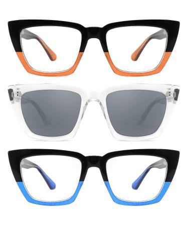3 Pack Oversized Reading Glasses for Women Blue Light Blocking Stylish Cat Eye Computer Readers Eyeglasses for Ladies with Adjustable Temples (1.5 Magnification Strength Include one Sun Readers) Black-brown/Clear-sun Reading Glasses/Black-blue 1.50x
