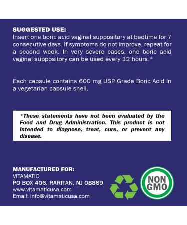 Vitamatic Boric Acid Vaginal Suppositories 600 mg - USP Grade Vegetarian Capsules 60 Count | Effective Relief & International Shipping - Buy Online on GoSupps.com