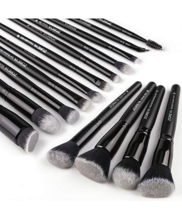 ZOREYA Makeup Brushes, 15Pcs Premium Synthetic Makeup Brush Set, Foundation Concealers Powder Blush Blending Face Eye Shadows Brush Set Black