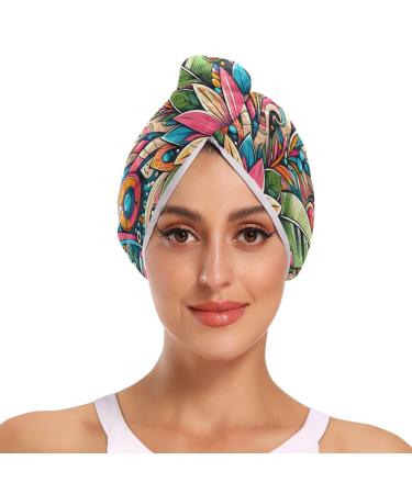 Fashion Floral Pattern Hair Towel 2 Pack Super Absorbent Hair Drying Towel Quick Dry Hair Turbans Head Towel with Button Twisty Wrap for Women Girls