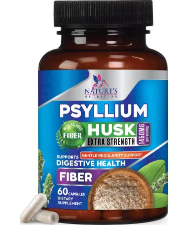 Premium Psyllium Husk Capsules 1450mg  Natural Fiber Supplement Non-GMO Gluten Free Digestive Support  Nature's Psyllium Fiber Caps Support Digestion & Regularity for Adult Men & Women - 60 Capsules 60 Count (Pack of 1)
