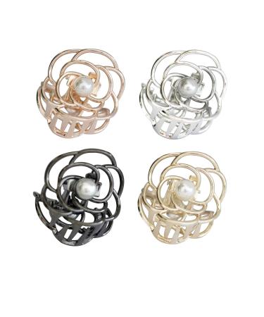 TANG SONG 4PCS Flower Style Small Metal Hair Claw Clips Hair Catch Barrette Jaw Clamp for Women Half Bun Hairpins for Thin Hair (Silver+Gold+Rose Gold+Black) Floral