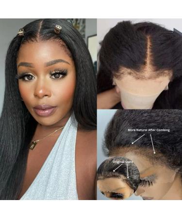 180% Density Kinky Curly Edges Hairline 13X4 Lace Front Wigs HD Transparent Lace Frontal Wigs Human Hair with Curly Baby Hair Kinky Straight Glueless Frontal Wig Pre Plucked (16 Inch  Natural Black Kinky Straight) 16 Inc...