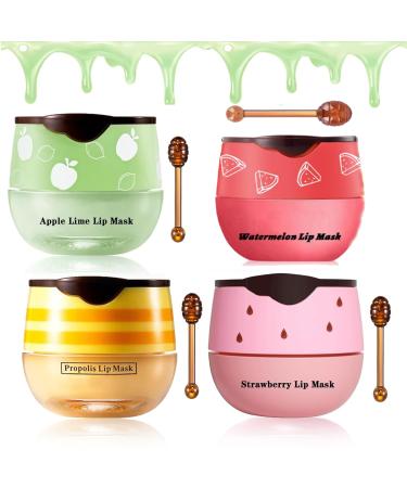 Bee Lip Balm Honey Pot Honey & Strawberry & Watermelon&Lime Lip Mask Overnight Moisturizing Lip Sleep Mask with Stick Hydrating & Prevention Dry and Cracked Lip Scrubs Exfoliator Strawberry&Watermelon&Honey&Apple Lime