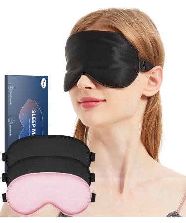 Fmlave Silk Sleep Eye Mask - Blocks Out Light and Promotes Deep Sleep 3 Pack 100% Real Natural Pure Silk Eye Mask Gifts for Women & Men 2 Black + Pink