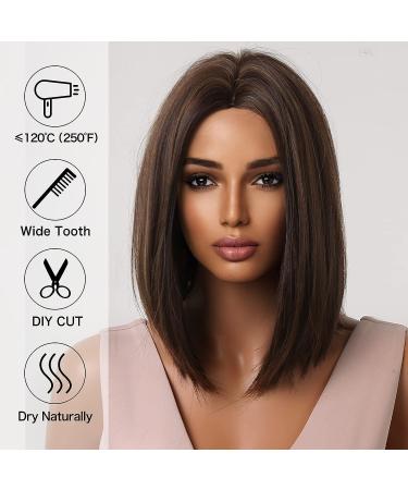 Allbell Brown Bob Wig with Blonde Highlights - Short Straight Synthetic Hair Middle Part for Women - Buy Online on GoSupps.com