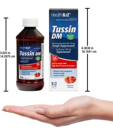 HealthA2Z Tussin DM Sugar Free | Dextromethorphan HBr 20mg Guaifenesin 200mg | Cough Suppressant & Expectorant | for Adults with High Blood Pressure & Diabetes | 8 FL Oz Raspberry Flavor - Buy Online on GoSupps.com
