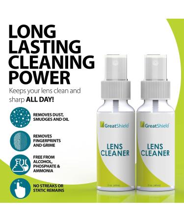GreatShield Lens Cleaner Spray Kit - 2oz Bottles, 2 Microfiber Cloths - Streak-Free, Alcohol-Free Solution for Eyeglasses, Cameras - Removes Fingerprints, Dust, Oil - Safe for All Lenses - Buy Online on GoSupps.com