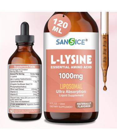 Liposomal L-Lysine 1000mg Liquid Drops Liquid Lysine Supplement Immune Support for Men & Women with Olive Leaf Extract Vitamin E C Skin & Lips Health Collagen Production High Absorption-4 fl oz