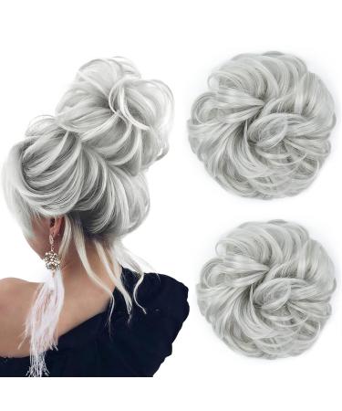 Jjstar 2 piece of hair part with rubber band dutt hair part curled hair tie with hair updos hair extension messy bun hair parts for women girls ponytail silver-gray