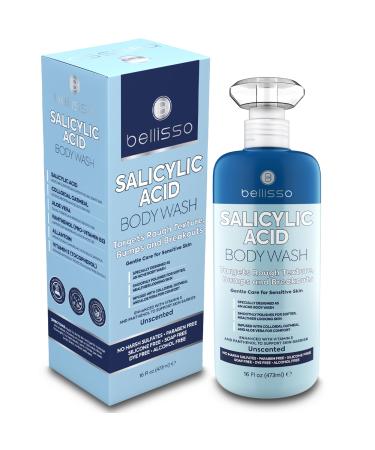 BELLISSO Salicylic Acid Body Wash - Men's and Women's Exfoliating Liquid Soap for Back Acne and KP - For Oily and Sensitive Skin - Sulfate Free Formula - 16 Fl Oz