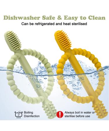 Baby Biting Toys & Toothbrush Set - BPA-Free Silicone Teething Rings for Gums Relief (Dark Green & Yellow) - 2 Pieces for 3+ Months - Buy Online on GoSupps.com