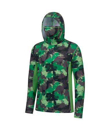 BASSDASH Mens UPF 50+ Fishing Hiking Camo Hoodie Shirt with Face Mask Lightweight Neck Gaiter Long Sleeve Green Camo With Neck Gaiter X-Large