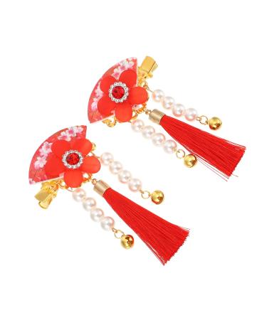 Beavorty 1 Pair hair accessories festival red hairpins new year red hairpins Chinese Style Hair Clips new year floral hair clips styling hair clips clip girl child tassel Acrylic
