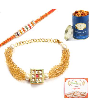 Ghasitaram Gifts Rakhis Online - Rakhi for Brother-T-19 Bhaiya Bhabhi Rakhi with 100 GMS of Dryfruits Mix Can 200 GMS of Kaju katli Rakhi Set & 100g Dryfruits Mix Can 200g Kaju katli