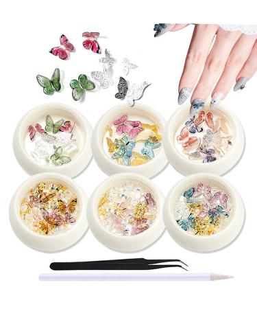 WOKOTO 6 Boxes 3D Butterfly Nail Art Decoration Set Flat-Black Ab Nail Rhinestones Nail Charms For Women Gold Nail Studs Manicure Jewelry Charms For Nails With 1pc Tweezers And Picker Pencil KIT1