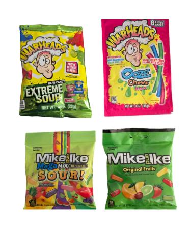 Variety pack of 4 candies War-heads extreme sour War-heads chews ropes Mike and Ike original and Mike and Ike megamix sour 10 flavours. Total 395g candies (14OZ)