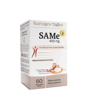 SAM-e 400mg by Nature's Trove - 60 Enteric Coated Caplets. Vegan, Kosher, Non-GMO Project Verified, Soy Free, Gluten Free - Cold Form Blister Packed.