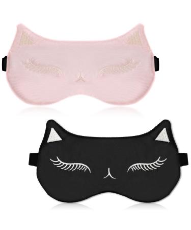 Cat Silk Sleep Mask 2 Pieces Cute Sleep Mask for Kids Sleeping Masks Satin Sleep Eye Mask Night Eyeshade Cover with Adjustable Strap Silk Eye Mask Blindfold for Women Girls Boys Party Games Sleeping