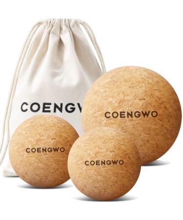 COENGWO Cork Massage Ball - Yoga Therapy Ball for Myofascial Release, Trigger Point Therapy, Muscle Knots, Deep Tissue Relief with Carry Bag (3''+ 2.4''+ 2.4''Ball) 3 balls (2.4''+2.4''+3'')