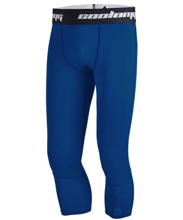 COOLOMG Men Compression Pants Youth Basketball Tights Running Football Baselayer 3/4 Capri Leggings Navy Small